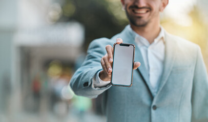 Aufkleber - Hand, blank phone screen and space in street with happy business man for app mockup, promotion or branding. Smartphone, entrepreneur and smile for ux, iot logo or mobile web design on metro sidewalk