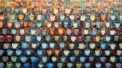 Poster -  a painting of many cups of different colors on a wall.  generative ai