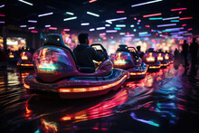 Neon-Lit Futuristic Bumper Cars: The Sleek and Electric Thrills of Tomorrow's Entertainment, Setting the Stage for Unforgettable Funfair Adventures.

