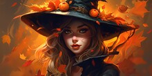 Illustration Cute Little Witch In A Cap. Halloween Theme. Generative AI