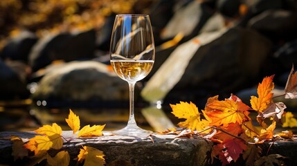 Sticker -  a glass of wine sitting on top of a rock next to leaves.  generative ai