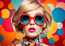 Portrait Of A Woman With Red Framed Sunglasses And Colorful Background.  Colorful Blond Lady In Red Frames Sunglasses And Pink Lipstick.
