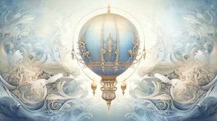 Wall Mural -  a painting of a blue and white hot air balloon in a blue sky.  generative ai