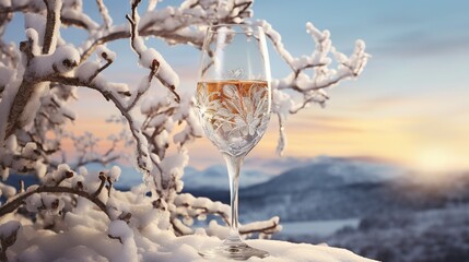 Canvas Print -  a glass of wine sitting on top of snow covered ground.  generative ai