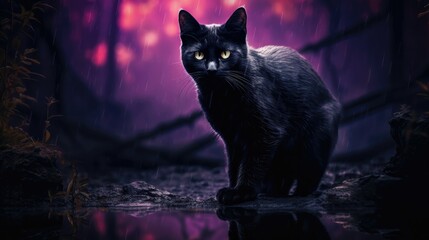 Poster - Graceful and mysterious, a black cat prowls through the moonlit night. Halloween concept for pet store, animal shelter, Halloween-themed event.