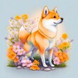 Shiba Inu sitting, full height, flowers on the background. Watercolor art, pop art. Digital illustration created with Generative AI technology