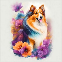 Rough Collie Dog Sitting, Full Height, Flowers On The Background. Watercolor Art, Pop Art. Digital Illustration Created With Generative AI Technology
