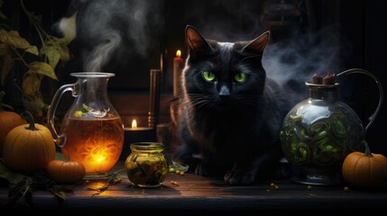 Huddled by a witch's cauldron. A black cat becomes an essential companion in brewing magical potions. Halloween concept for witch-themed restaurant, mystical cooking class, potion ingredient supplier.