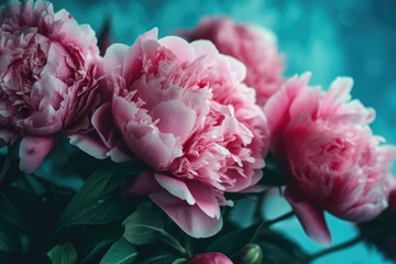 Wall Mural - Beautiful pink large flowers peonies on a light blue turquoise background with blurry soft filter.