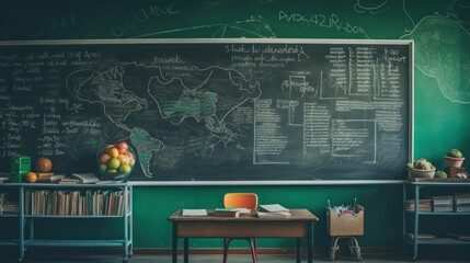 Chalkboard in a bright classroom. Back to school concept