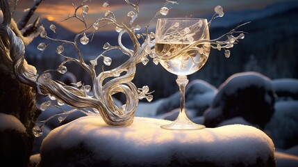 Poster -  a glass of wine sitting on top of a snow covered hill.  generative ai