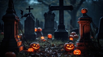 Wall Mural - Halloween background with spooky cemetery with grave stones and pumpkins