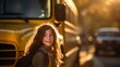© Generative Professor - Young girl is back to school near a school bus