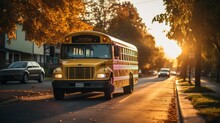 School Bus Driving On A Street Back To School