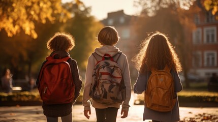 School friends, boys and girls with school backpacks on their backs walk after class.