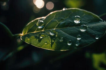 Wall Mural - Beauty transparent drop of water on a green leaf macro with sun glare. Beautiful artistic image of environment nature in spring or summer.