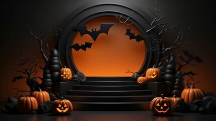 Wall Mural - Halloween background with pumpkin and bats. Podium pedestal for shopping product display.