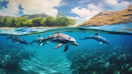 Sticker -  a painting of three dolphins swimming in the ocean with a mountain in the background.  generative ai