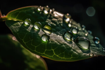 Wall Mural - Beauty transparent drop of water on a green leaf macro with sun glare. Beautiful artistic image of environment nature in spring or summer.