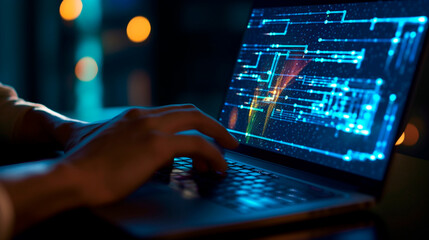 software development concept. Coding programmer, software engineer working on laptop with javascript computer code on virtual scree. Generative AI