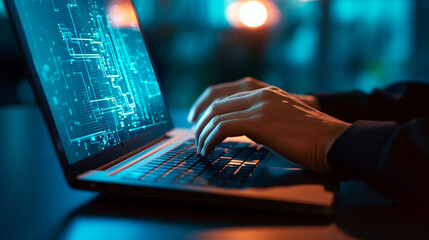 software development concept. Coding programmer, software engineer working on laptop with javascript computer code on virtual scree. Generative AI