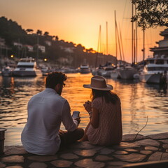 Wall Mural - romantic couple relaxing on promenade and watching beautiful  sunset  and make photo on mediterranean sea port with boat summer vacation and travel 