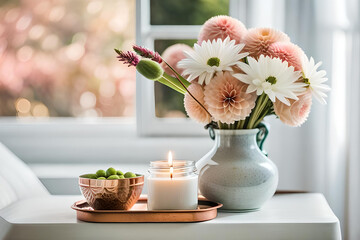 Bouquet of white flowers in a vase, candles on vintage copper tray, wedding home decor on a table . High quality photo Generative AI