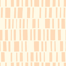 Hand-Drawn Peach And White Geometric Stripes Vector Seamless Pattern. Modern Retro Palyful Print. Organic Square Shapes