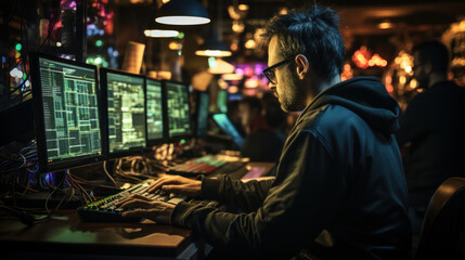  IT programmer working on desktop computer. Male specialist creating innovative software engineer developing app.