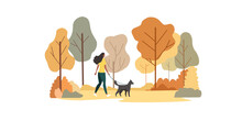 Woman Walks With A Dog In An Autumn Park. Concept Of Lifestyle, Friendship, Commitment, Outdoor Activities. Flat Illustration.