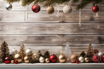 Wall Mural - Rustic Christmas Delight: Photorealistic background with pine leaves, balls, and garland on a wood-themed setting. AI Generative