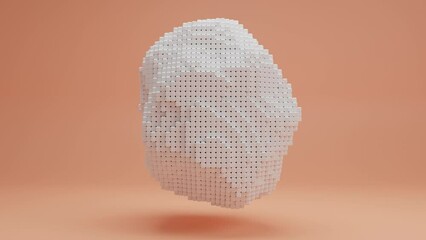 Loop 3d animation of a pixelated white cloud, a crumpled sphere of many cubes on a pink background. The cloud changes the shape and size of the cubes. The idea of digital technologies and NFT art.