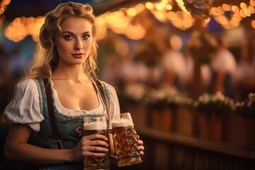 Wall Mural - Oktoberfest Tradition. Waitress wearing traditional clothes and holding beers at the festival. Sunset. German culture and celebration concept. AI Generative	
