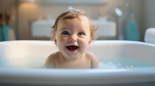 Bathtime Bliss. Adorable 6 Months Baby Enjoying A Bath In The Bathtub. AI Generative Illustration