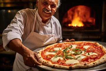 Wall Mural - Taste of Italy. A pizzaiolo Chef from Naples Showcasing a Delicious Piping Hot Pizza. Copy Space. Neapolitan Margherita Gastronomy AI Generative	
