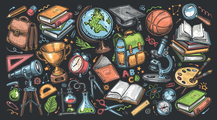 Wall Mural - Education concept. Set of school items in cartoon funny style. Vector illustration