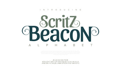 Scritzbeacon premium luxury elegant alphabet letters and numbers. Elegant wedding typography classic serif font decorative vintage retro. Creative vector illustration