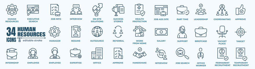headhunting and human resources minimal thin editable stroke icon set. included the line icons as re