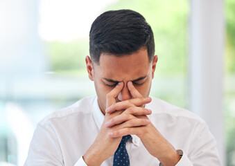 Sticker - Tired, headache and face of business man in office with anxiety, mental health problem and bankruptcy. Frustrated, burnout and stress of male employee working with fatigue, debt risk and challenge