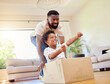 canvas print picture - Father, son and playing at home with pretend car in a box on moving day in new property. Black family, house and real estate move of a dad and child together with play driving and fun in living room