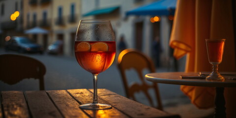 Wall Mural - sunset  in town cafe two glasses of wine on table on summer evening city ,candles blurred light ,people walking on street 