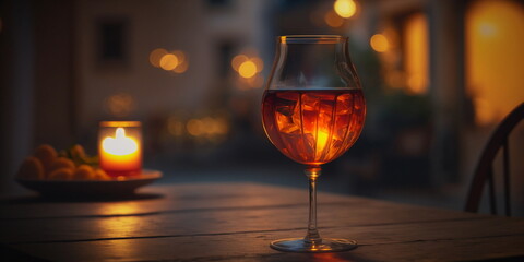 sunset  in town cafe two glasses of wine on table on summer evening city ,candles blurred light ,people walking on street 