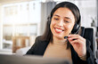 Happy woman, call center and headphones for customer service, telemarketing or support at the office. Face of friendly female person, consultant or agent smile for online advice or help at workplace