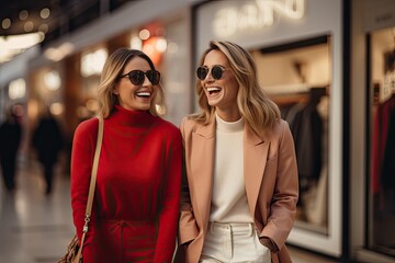 Two happy girl friends in its 30s enjoying of shopingin a mall