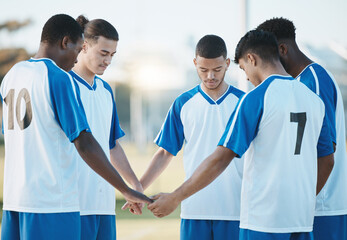 Sticker - Stadium, support or soccer team praying in match for solidarity, motivation or mission in sports game. Faith unity, God or football players holding hands ready for group exercise or fitness training