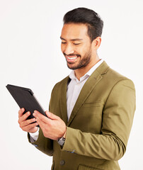 Poster - Asian man, business and tablet in studio for online planning, stock market research and internet info on white background. Happy trader, digital technology and network connection for app on website