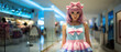 Portrait of a cute girl in cosplay in a shopping mall. She looks beautiful with pink hair and a colorful costume.