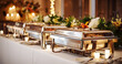 Buffet Table with dishware waiting for guests. catering eat food wedding, digital ai art	
