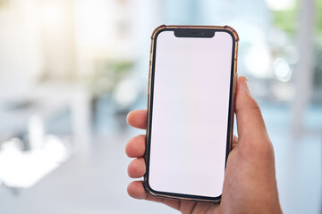 Aufkleber - Hand, blank phone screen and business man with mock up space, web design or ux for mobile app logo in office. Person pov, smartphone and ui for brand, promotion and networking in financial workplace