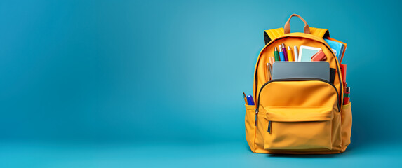 full school backpack with books isolated on blue background with copy space. back to school concept.